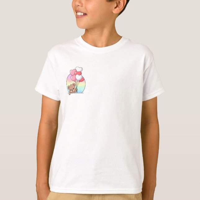 Camiseta Ursinhos de Coração Balões Arco-Íris Crianças (Frente)