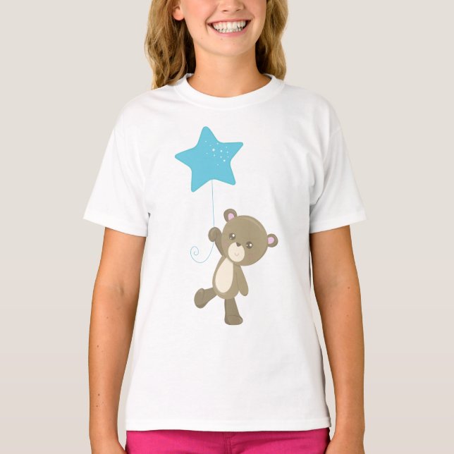 Camiseta Urso Bonito, Urso Com Balão, Urso Pequeno, Estrela (Frente)