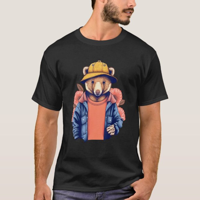 Camiseta Urso Bonito Vestindo Um Chapéu E Jaqueta - Estilo  (Frente)