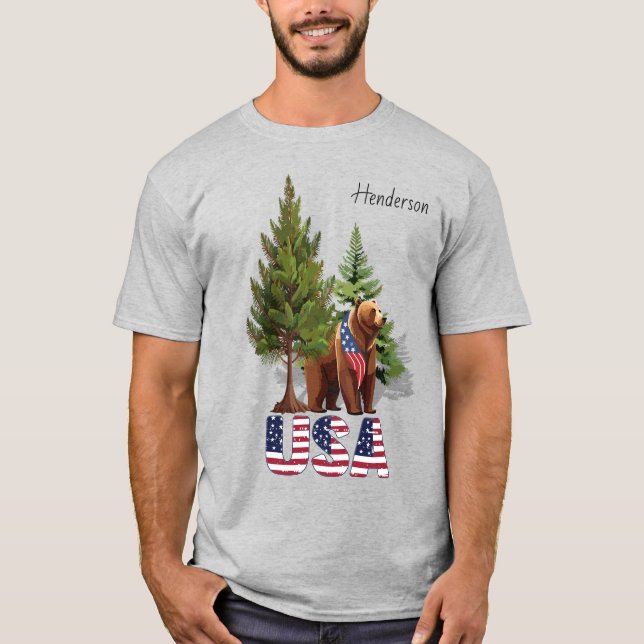 Camiseta Urso Castanho Patriótico Na Bandeira Americana Das (Frente)