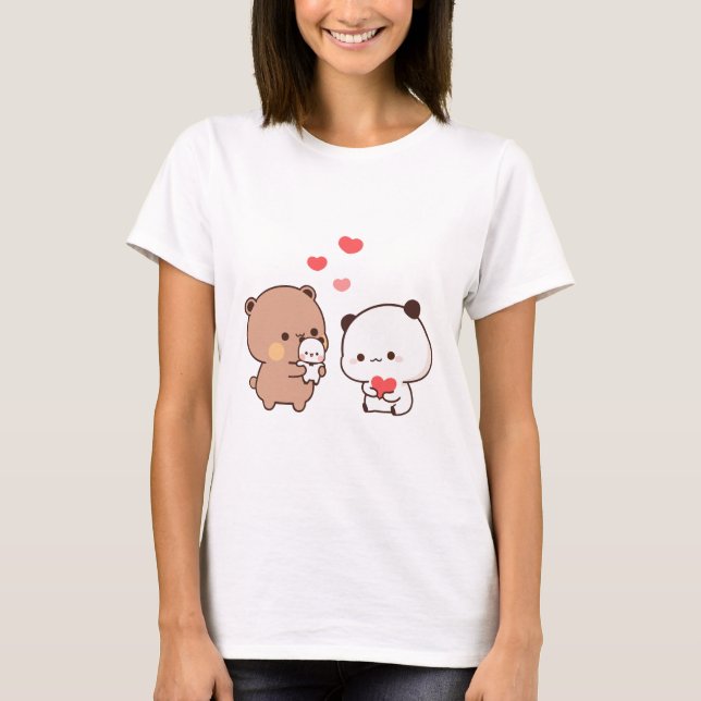 Camiseta Urso chibi panda, leite e coração de mocha (Frente)