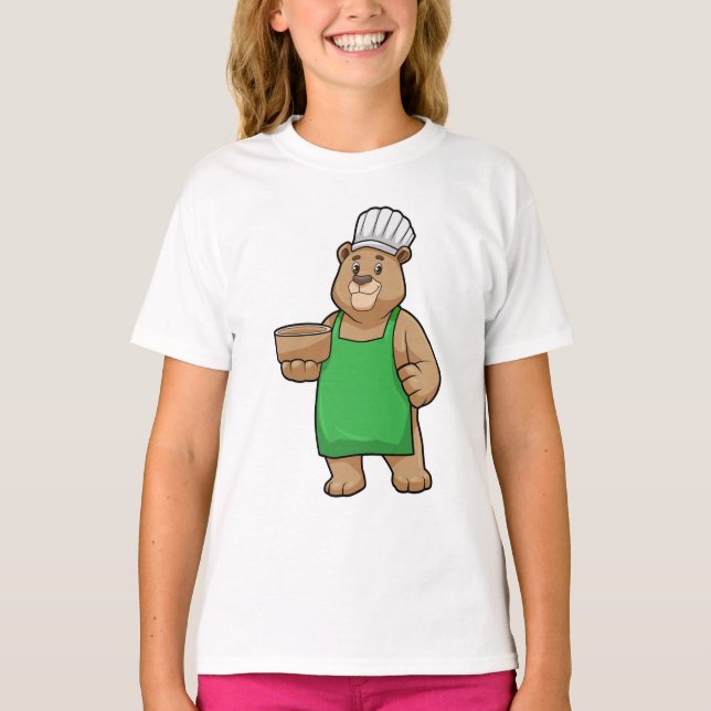 Camiseta Urso como Cozinheiro com placa de Cozinhar e Bowl (Frente)