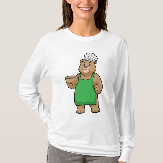 Camiseta Urso como Cozinheiro com placa de Cozinhar e Bowl (Frente)