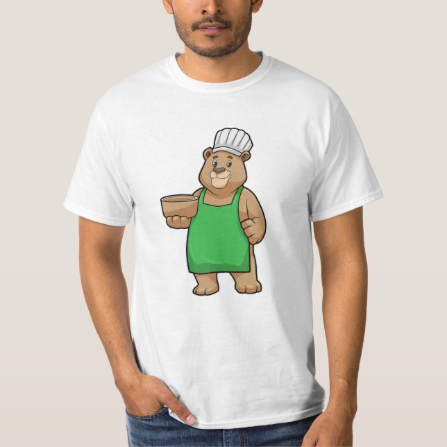 Camiseta Urso como Cozinheiro com placa de Cozinhar e tigel (Frente)
