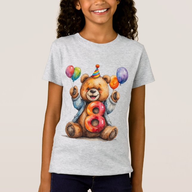 Camiseta Urso de aniversário fofo com balões e chapéu de fe (Frente)