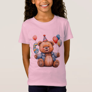 Camiseta Urso de aniversário fofo com balões e chapéu de fe