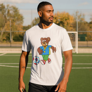Camiseta Urso de Futebol Jogando Futebol com Roupa Esportiv