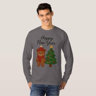 Camiseta Urso de Inverno Fofo com Árvore de Natal Feliz Ano