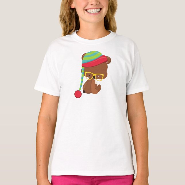 Camiseta Urso De Inverno, Urso De Hipster, Urso Com Óculos, (Frente)