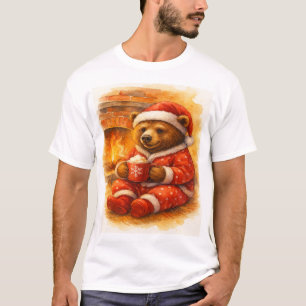 Camiseta Urso de Natal de Pijama Vermelho ao lado da Lareir