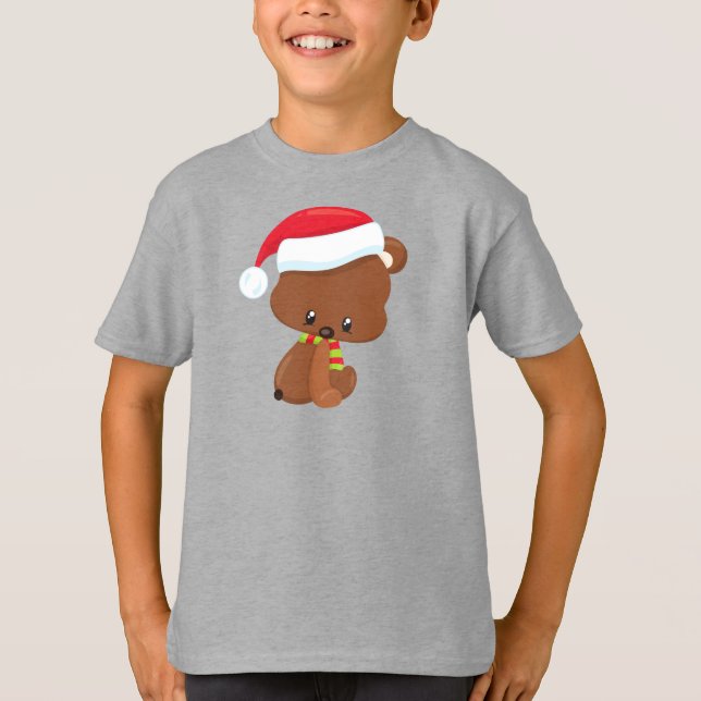 Camiseta Urso De Natal, Urso Bonito, Chapéu De Santa, Escar (Frente)
