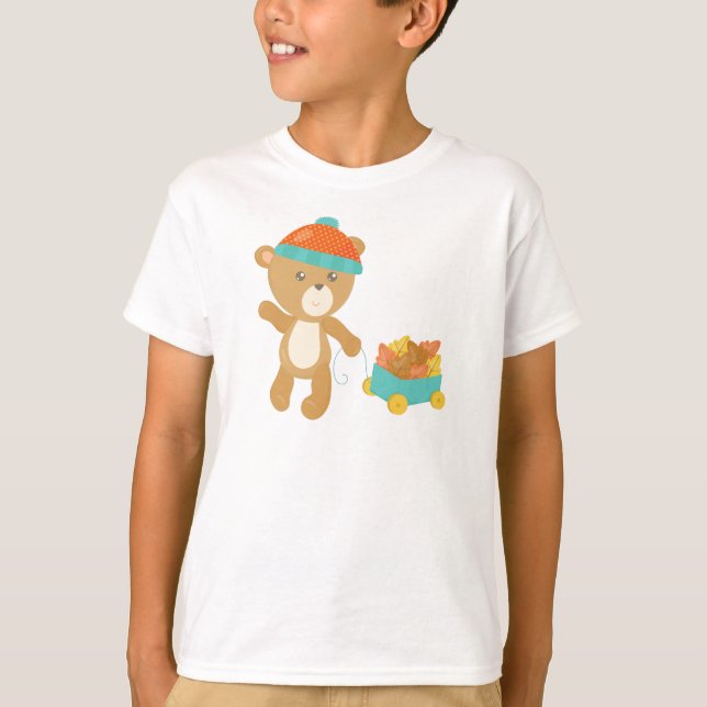Camiseta Urso de Outono, Urso Bonito, Urso Com Chapéu, Folh (Frente)