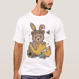 Camiseta Urso de Páscoa Fofo em Ovo Quebrado Vetor Vintage_