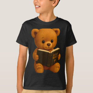 Camiseta Urso de Pelúcia Lendo uma Bíblia Religiosa Cristã
