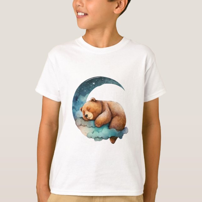 Camiseta Urso de Teddy Bonito Dormindo na Lua Crescente (Frente)
