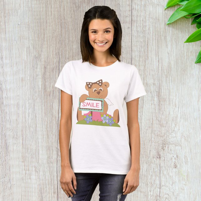 Camiseta Urso de Teddy com Arco Segurando Sinal de Sorriso (Criador carregado)