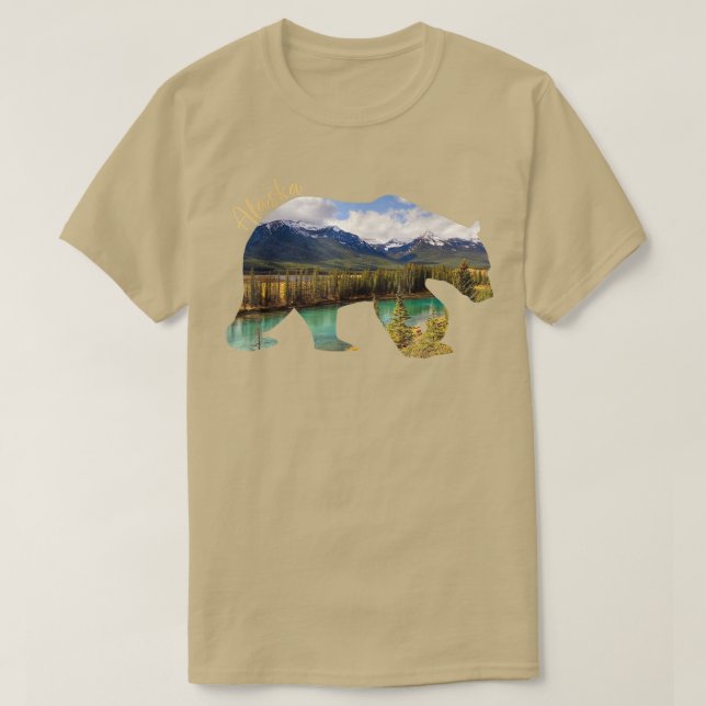 Camiseta Urso do Alasca - Urso Grizzly com Montanhas do Ala (Frente do Design)