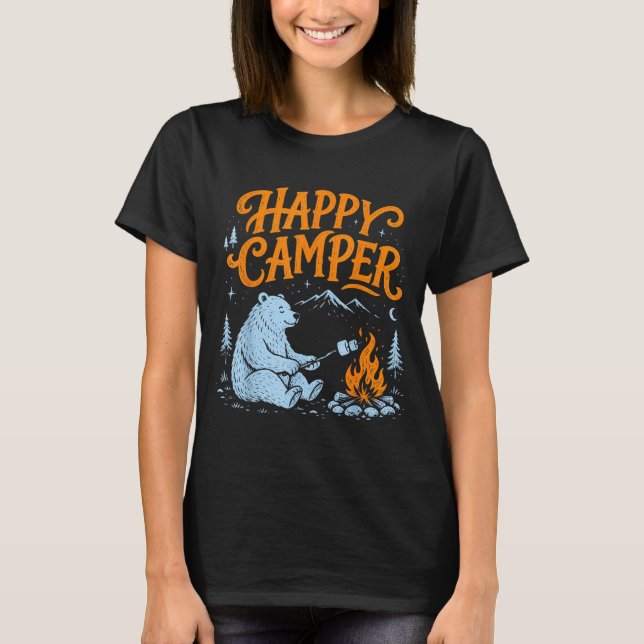 Camiseta Urso feliz acampando torrando marshmallows design (Frente)