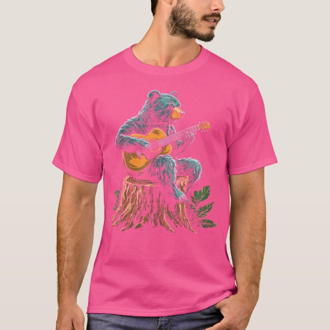 Camiseta Urso feminino tocando violão acústico floresta Leg (Frente)
