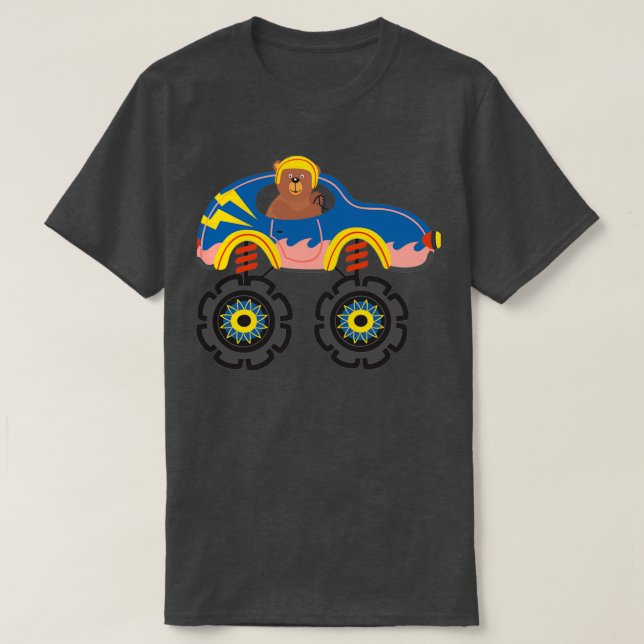 Camiseta Urso grizzle dirigindo um caminhão monstro azul (Frente do Design)
