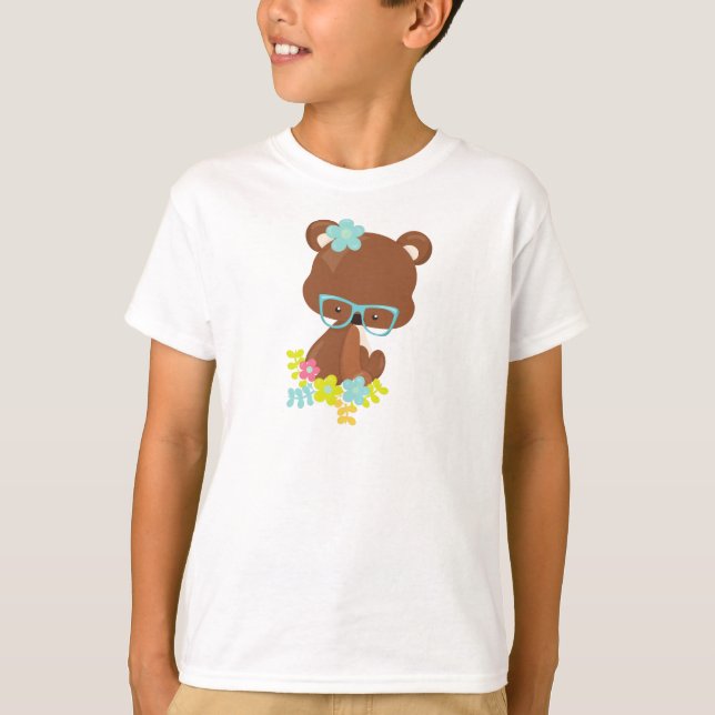 Camiseta Urso hipster, Urso Com Óculos, Flores Coloridas (Frente)