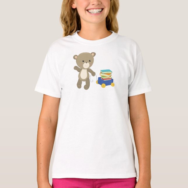 Camiseta Urso Indo Para A Escola, Urso Marrom, Urso Bonito, (Frente)