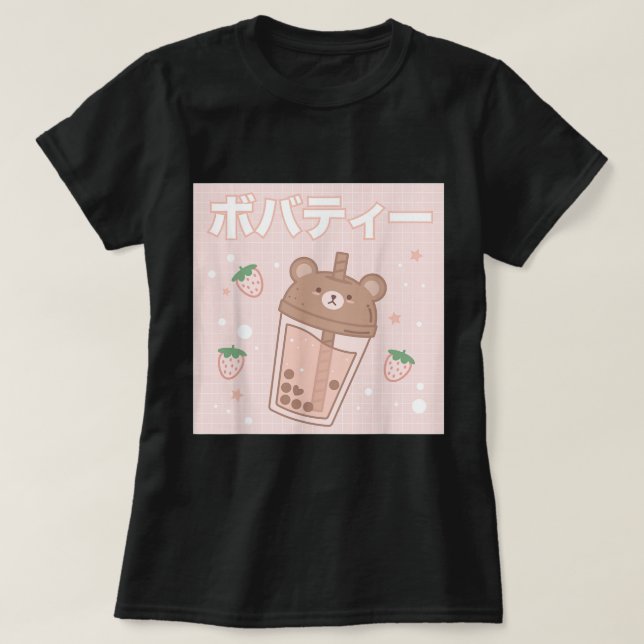 Camiseta Urso Kawaii de Boba | Chá de Leite de Morango Fofo (Frente do Design)