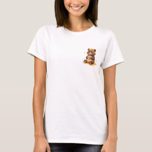 Camiseta Urso Marrom Fofo Coberto de Mel que Goteja Bebendo