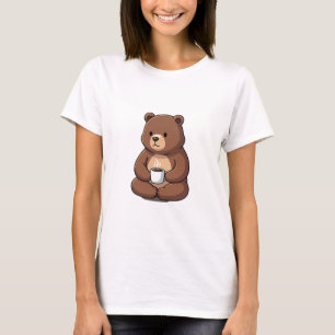 Camiseta Urso Marrom Fofo Sentado com uma Caneca de Café Fu