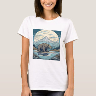 Camiseta Urso, Montanhas, Lago, Lua Cheia, Arte Ai