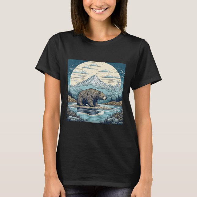 Camiseta Urso, Montanhas, Lago, Lua Cheia, Arte Ai (Frente)