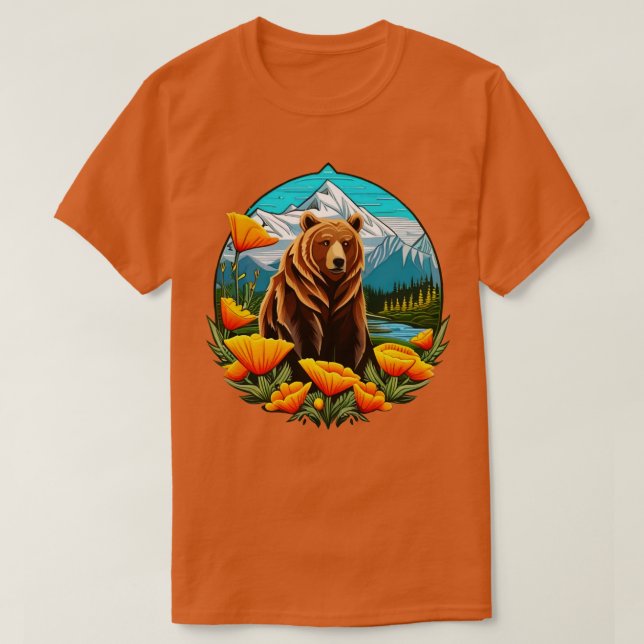 Camiseta Urso Na Paisagem Montanhosa, Cercado Por Laranja (Frente do Design)