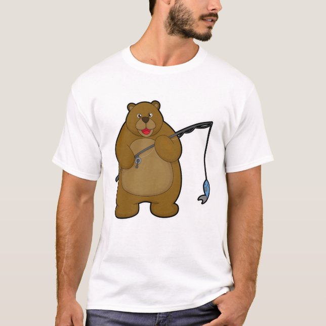 Camiseta Urso na pesca com vara de pesca e peixe (Frente)