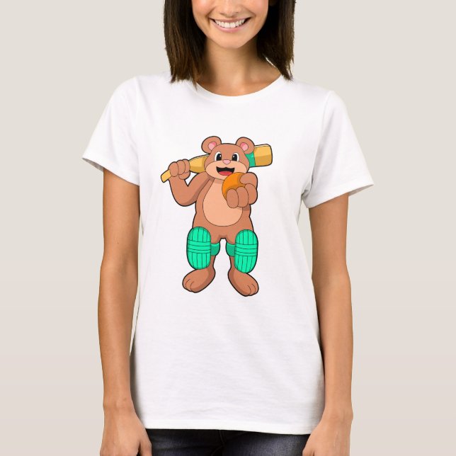 Camiseta Urso no Cricket com bastão de Cricket (Frente)