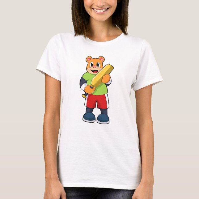 Camiseta Urso no Cricket com bastão de Cricket (Frente)