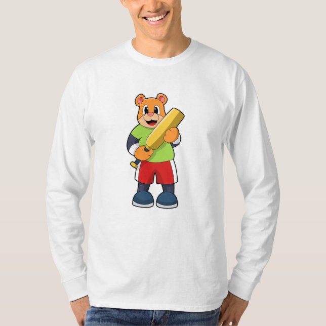 Camiseta Urso no Cricket com bastão de Cricket (Frente)
