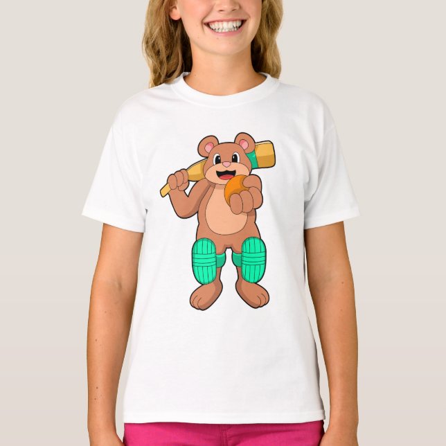 Camiseta Urso no Cricket com bastão de Cricket (Frente)