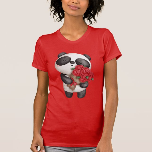 Camiseta Urso Panda Bonito com Rose Bouquet (Frente)