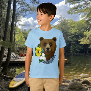 Camiseta Urso Pardo Flores Azuis Pena Vida Selvagem