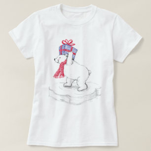 Camiseta Urso Polar de Cartoon Bonito com Presentes de Nata