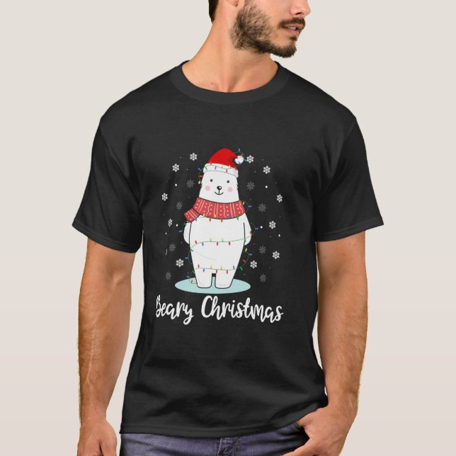 Camiseta Urso Polar de Natal Santa Hat Luz Neve (Frente)