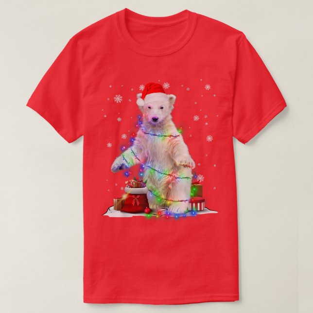 Camiseta Urso Polar Engraçado Árvore das Luzes de Natal Xma (Frente do Design)