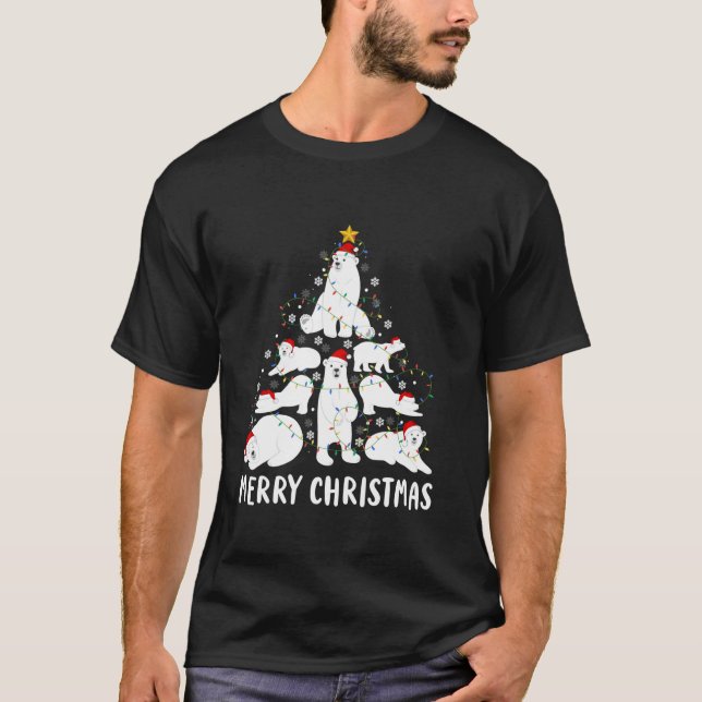 Camiseta Urso Polar Feliz Árvore de Natal Santa Hat Luzes S (Frente)