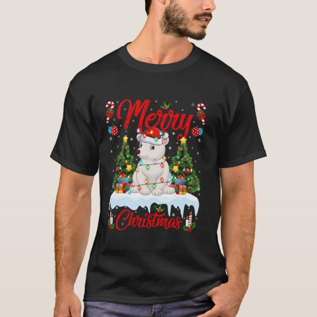 Camiseta Urso Polar Feliz Luzes de Árvore de Natal Polar (Frente)