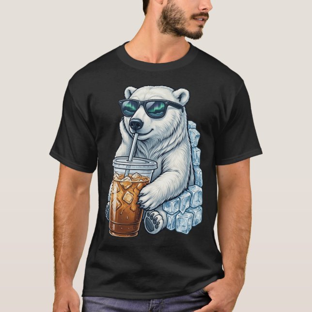 Camiseta Urso Polar Fofo e Divertido Bebendo Café Gelado Le (Frente)