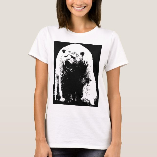 Camiseta Urso Polar Pop de Arte Preta e Branca (Frente)