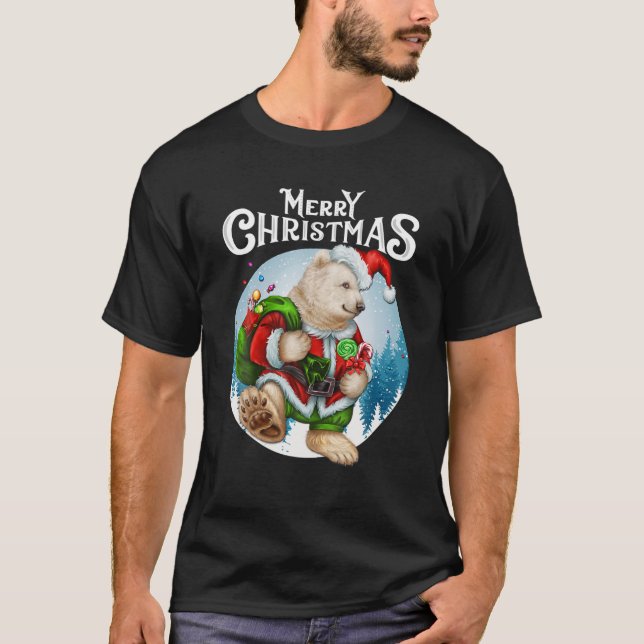 Camiseta Urso Polar Vermelho Santa Chapéu Bonito De Natal I (Frente)