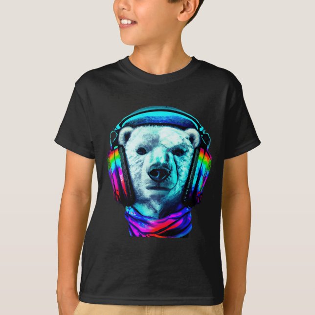 Camiseta Urso Polar Vestindo Fones de ouvido Arco-Íris T-Sh (Frente)