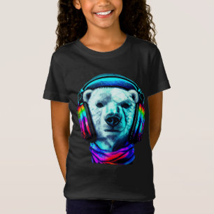 Camiseta Urso Polar Vestindo Fones de ouvido Arco-Íris T-Sh