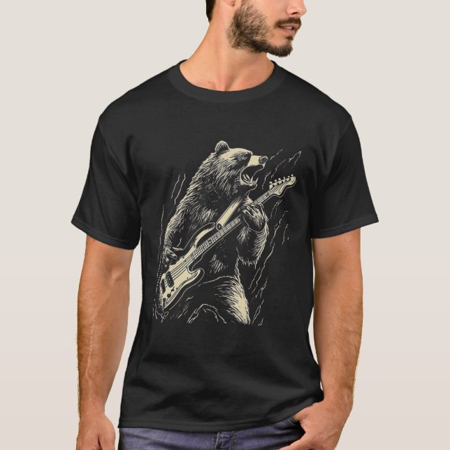 Camiseta Urso Retrorista Jogando Urso-De-Violão Guitarista  (Frente)